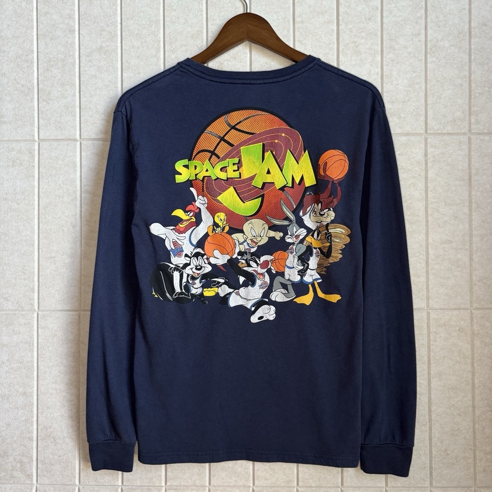 Vintage Space Jam Looney Tunes Long Sleeve T-Shirt Men's Size Small‎ Navy Blue